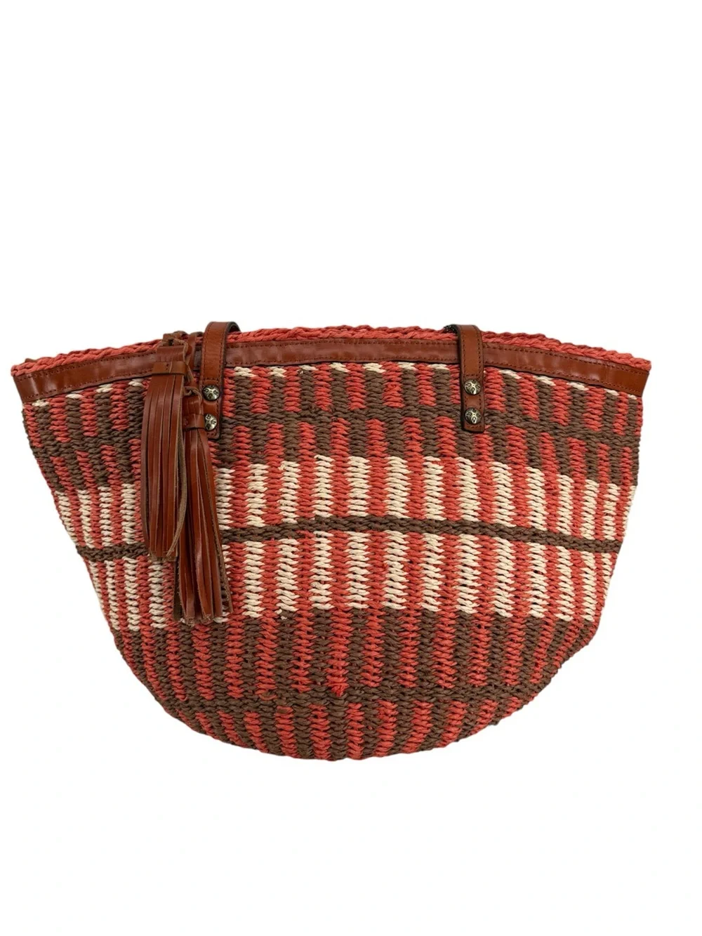 Patricia Nash Red, Brown & Cream Woven Straw Tote with Tassel